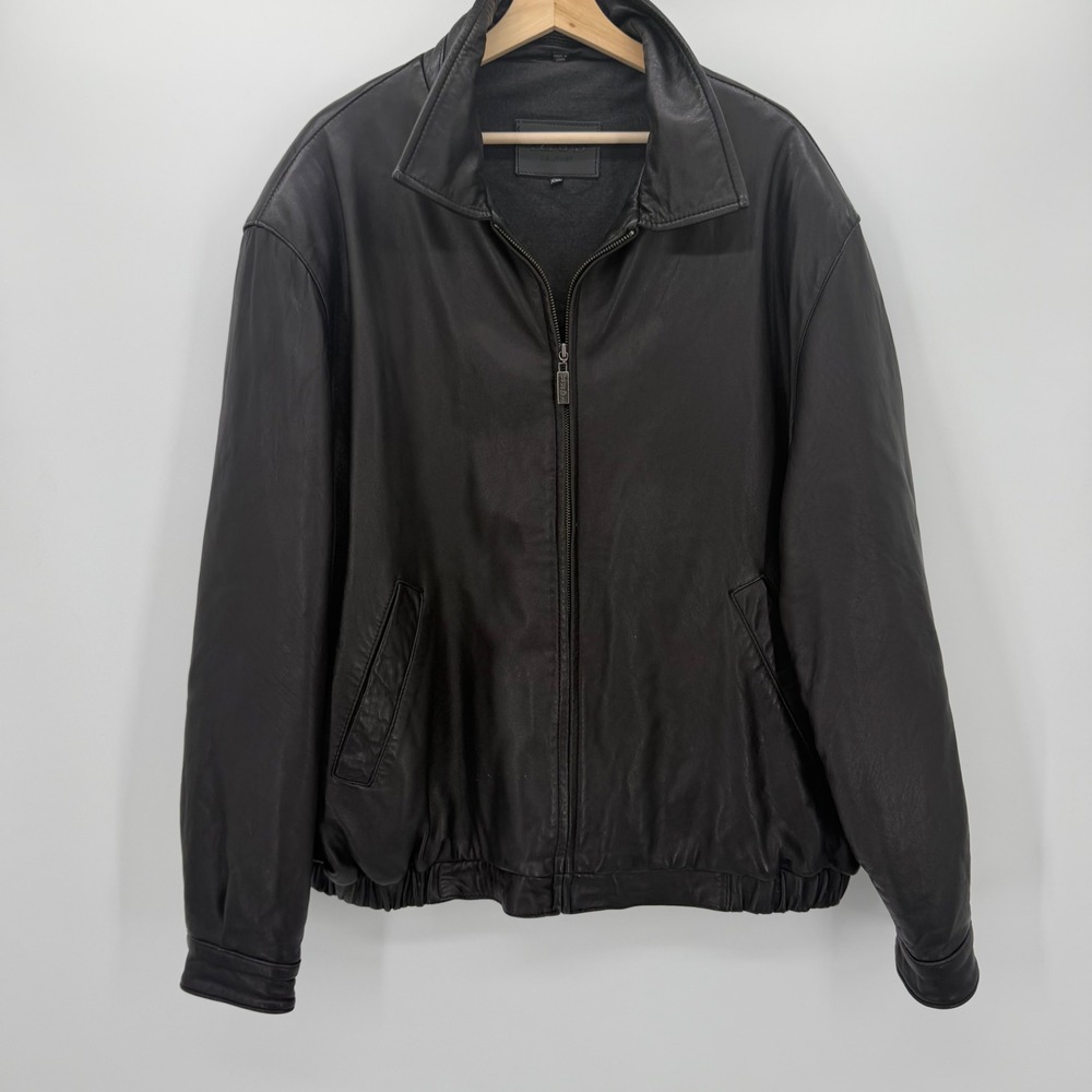 90s Izod Leather Bomber Jacket Mens XXL Black Full Zip Collared Coat